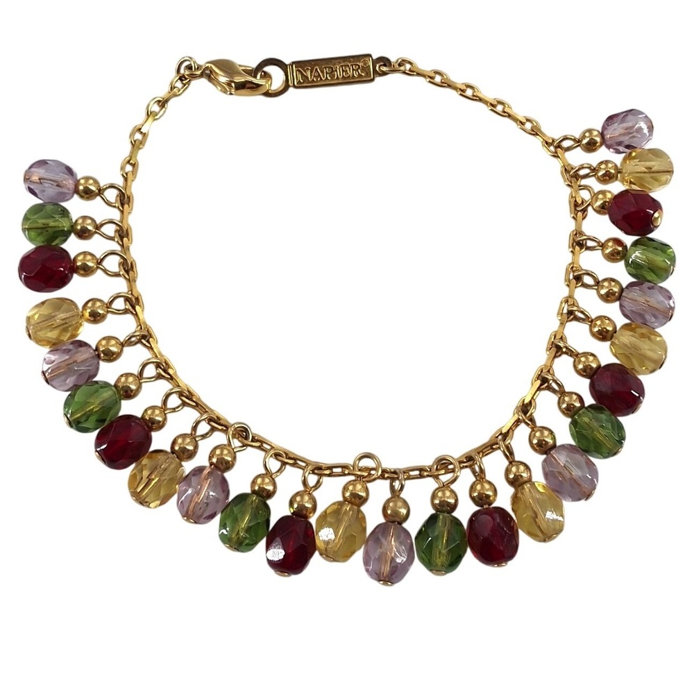 Vintage Napier Gold Tone Multi Color Faceted Glass Bead Cha Cha Fringe Bracelet